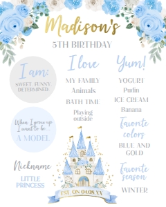 Princess Castle Birthday Board (Blue) - www.printerfairy.com design preview