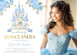 Princess Castle Birthday Invitation Quinceañera with photo (blue) - www.printerfairy.com design preview