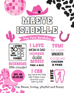 Cowgirl Disco Birthday Board - www.printerfairy.com design preview