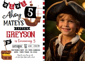 Pirate Birthday Invitation with Photo (white background) - www.printerfairy.com: Pirate Birthday Invitation with Photo (white background) - www.printerfairy.com
