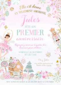Nutcracker 1st Birthday Invitation in French (pink, mint) - www.printerfairy.com design preview