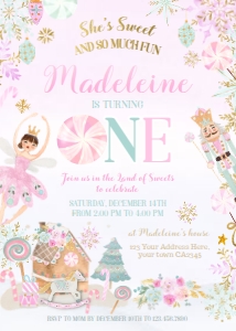 Nutcracker 1st Birthday Invitation (pink, mint)- www.printerfairy.com design preview