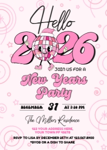 New Year Invitation_1 (white, pink) - www.printerfairy.com design preview