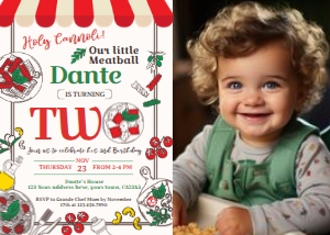 Trattoria 2nd Birthday Invitation with photo (red, green) - www.printerfairy.com: Trattoria 2nd Birthday Invitation with photo (red, green) - www.printerfairy.com