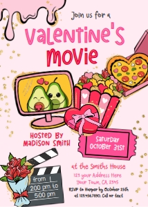 Valentines Movie Night Invitation (Pink-Red) - www.printerfairy.com design preview