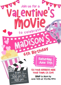 Valentines Movie Birthday Invitation (Pink, 5x7) - www.printerfairy.com design preview