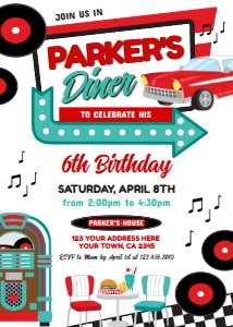 Diner Retro Invitation (red, turquoise) - www.printerfairy.com design preview