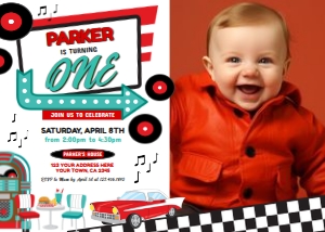 Diner Retro 1st year Invitation with photo (red, turquoise) - www.printerfairy.com design preview