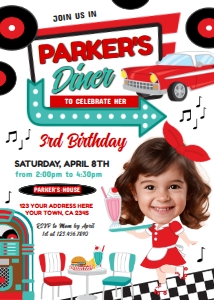 Diner Retro Invitation with Face Girl (red, turquoise) - www.printerfairy.com design preview