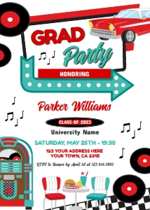 Diner Retro Invitation Graduation (red, turquoise) - www.printerfairy.com design preview