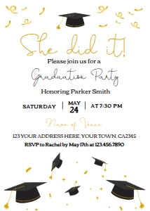 Grad Party Invitation_She did it_ (black-gold) - www.printerfairy.com design preview