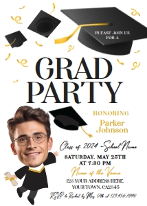 Grad Party Invitation_Place your face (black-gold) - www.printerfairy.com design preview