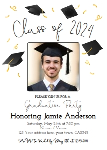 Grad Party Invitation_Class of 2024 with photo (black-gold) - www.printerfairy.com design preview