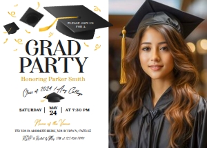 Grad Party Invitation with photo (black-gold) - www.printerfairy.com design preview