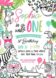 Party Animals 1st Birthday Invitation (white) - www.printerfairy.com design preview