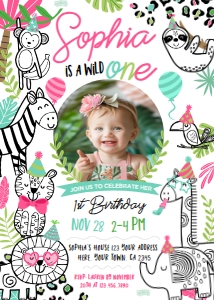 Party Animals 1st Birthday Invitation with photo (white) - www.printerfairy.com design preview