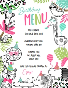 Party Animals Menu (white) - www.printerfairy.com design preview