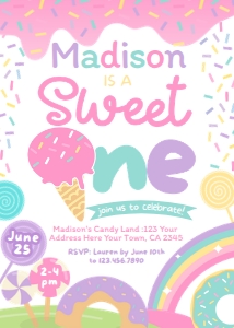 Candyland & Ice Cream 1st Birthday Invitation (pink white) - www.printerfairy.com design preview