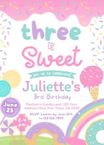 Candyland & Ice Cream 3rd Birthday Invitation (pink white) - www.printerfairy.com design preview