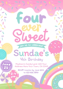 Candyland & Ice Cream 4th Birthday Invitation (pink white) - www.printerfairy.com design preview