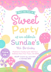 Candyland & Ice Cream Birthday Invitation (pink white) - www.printerfairy.com design preview