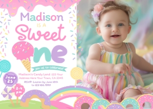 Candyland & Ice Cream 1st Birthday Invitation with photo (pink white) - www.printerfairy.com design preview
