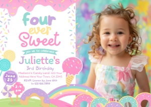 Candyland & Ice Cream 4th Birthday Invitation with photo (pink white) - www.printerfairy.com design preview