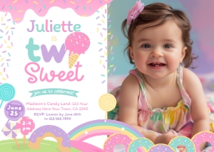 Candyland & Ice Cream 2nd Birthday Invitation with photo (pink white) - www.printerfairy.com design preview