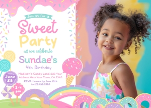 Candyland & Ice Cream Birthday Invitation with photo (pink white) - www.printerfairy.com design preview