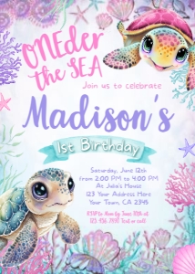 Turtle Birthday Invitation-1st Birthday (Pink, 5x7) - www.printerfairy.com: Turtle Birthday Invitation-1st Birthday (Pink, 5x7) - www.printerfairy.com