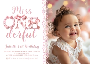 Coquette Miss ONEderful 1st Birthday Invitation with photo - www.printerfairy.com design preview