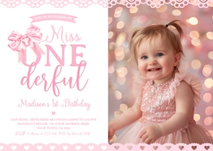 Coquette 1st Birthday Invitation with Photo - www.printerfairy.com design preview