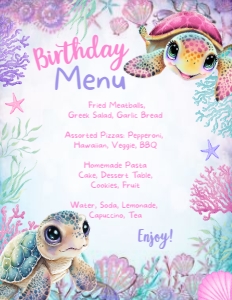 Turtle Birthday Menu (Pink) - www.printerfairy.com design preview
