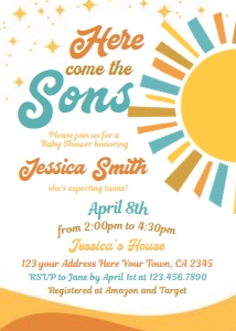 Here Comes The Sun Baby Shower Twin Invitation (yellow) - www.printerfairy.com design preview