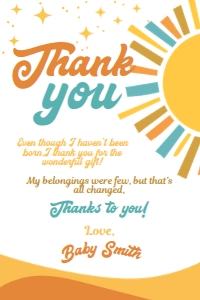 Here Comes The Sun Baby Shower Thank You Card (yellow) - www.printerfairy.com design preview
