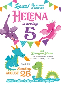 Dragons Birthday Invitation (pink&purple) - www.printerfairy.com design preview