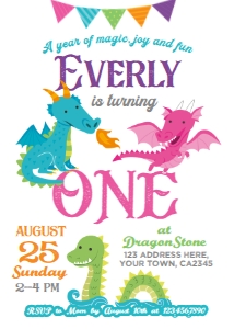 Dragons Birthday Invitation ONE year (Pink & Purple) - www.printerfairy.com design preview