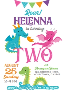 Dragons Birthday Invitation TWO years (Pink & Purple) - www.printerfairy.com design preview