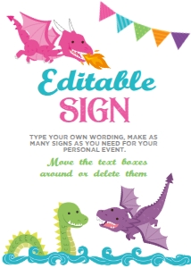 Dragons Birthday Editable Sign 5x7 (pink&purple) - www.printerfairy.com design preview
