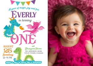 Dragons Birthday Invitation ONE year with photo (pink&purple) - www.printerfairy.com design preview