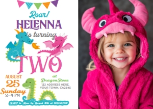 Dragons Birthday Invitation TWO yearS with photo (pink&purple) - www.printerfairy.com design preview