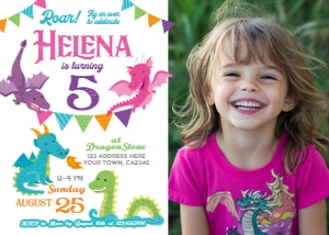 Dragons Birthday Invitation with photo (pink&purple) - www.printerfairy.com design preview