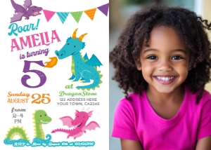 Dragons Birthday Invitation2 with photo (pink&purple) - www.printerfairy.com design preview