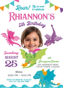 Dragons Birthday Invitation WITH FACE (pink&purple) - www.printerfairy.com design preview