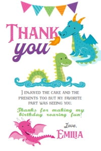 Dragons Birthday Thank You Card (pink&purple) - www.printerfairy.com design preview