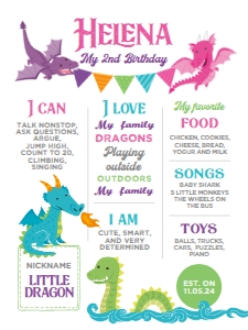 Dragons Birthday Board (Pink & Purple) - www.printerfairy.com design preview