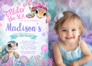 Turtle Birthday Invitation-1st Birthday with photo (Pink) - www.printerfairy.com design preview