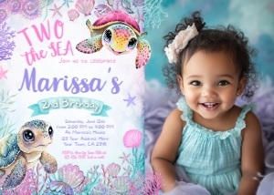 Turtle Birthday Invitation-2nd Birthday with photo (Pink) - www.printerfairy.com design preview