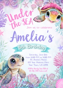 Turtle Birthday Invitation - All ages (Pink) - www.printerfairy.com design preview