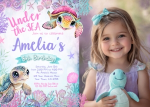 Turtle Birthday Invitation - All ages with photo (Pink) - www.printerfairy.com design preview